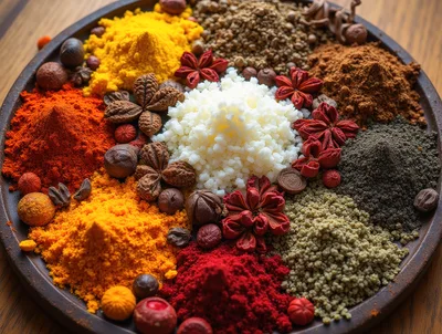 Assorted Colorful Spices Arranged on a Wooden Plate
