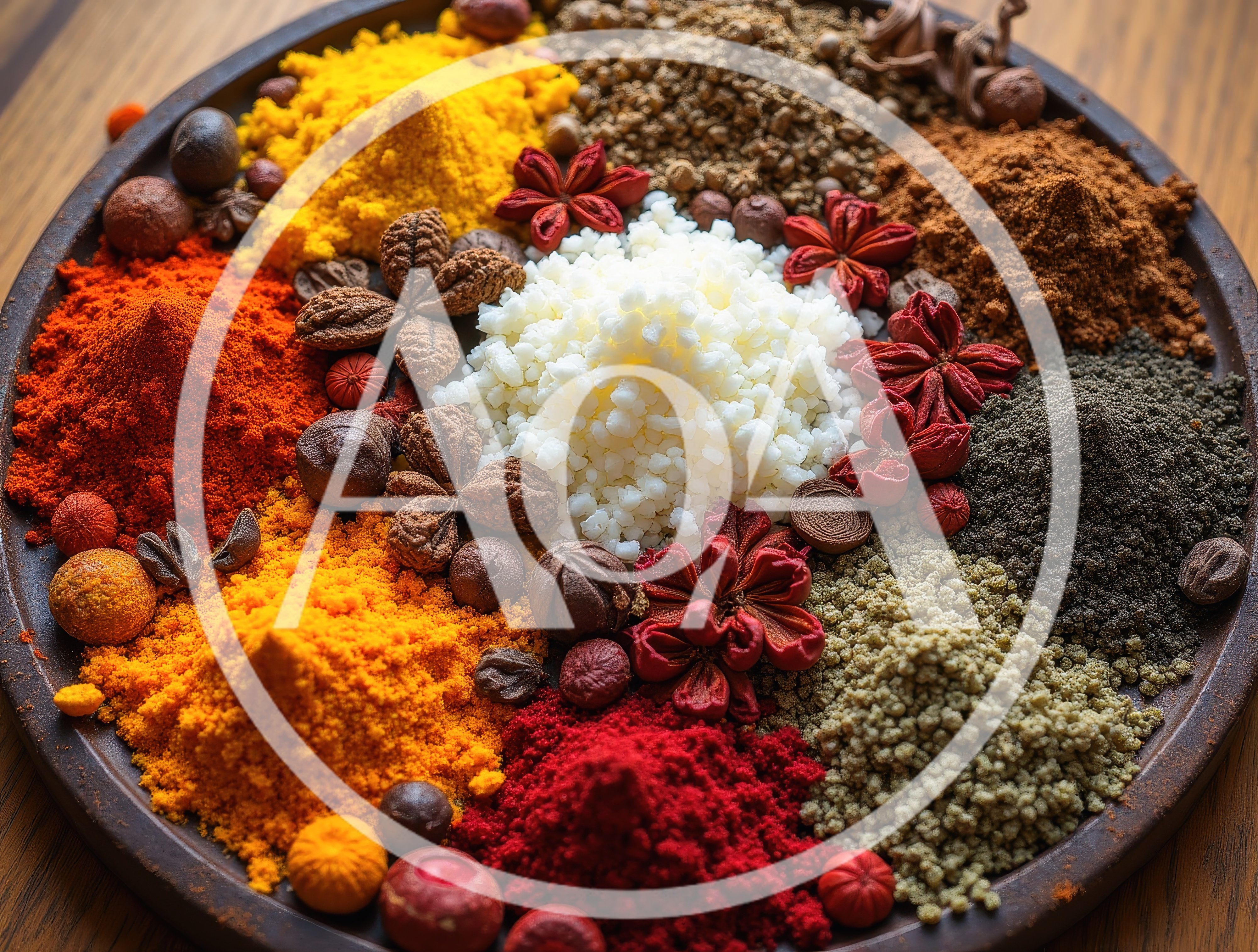 Assorted Colorful Spices Arranged on a Wooden Plate