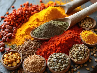 Assorted Spices and Seeds in Wooden Bowls