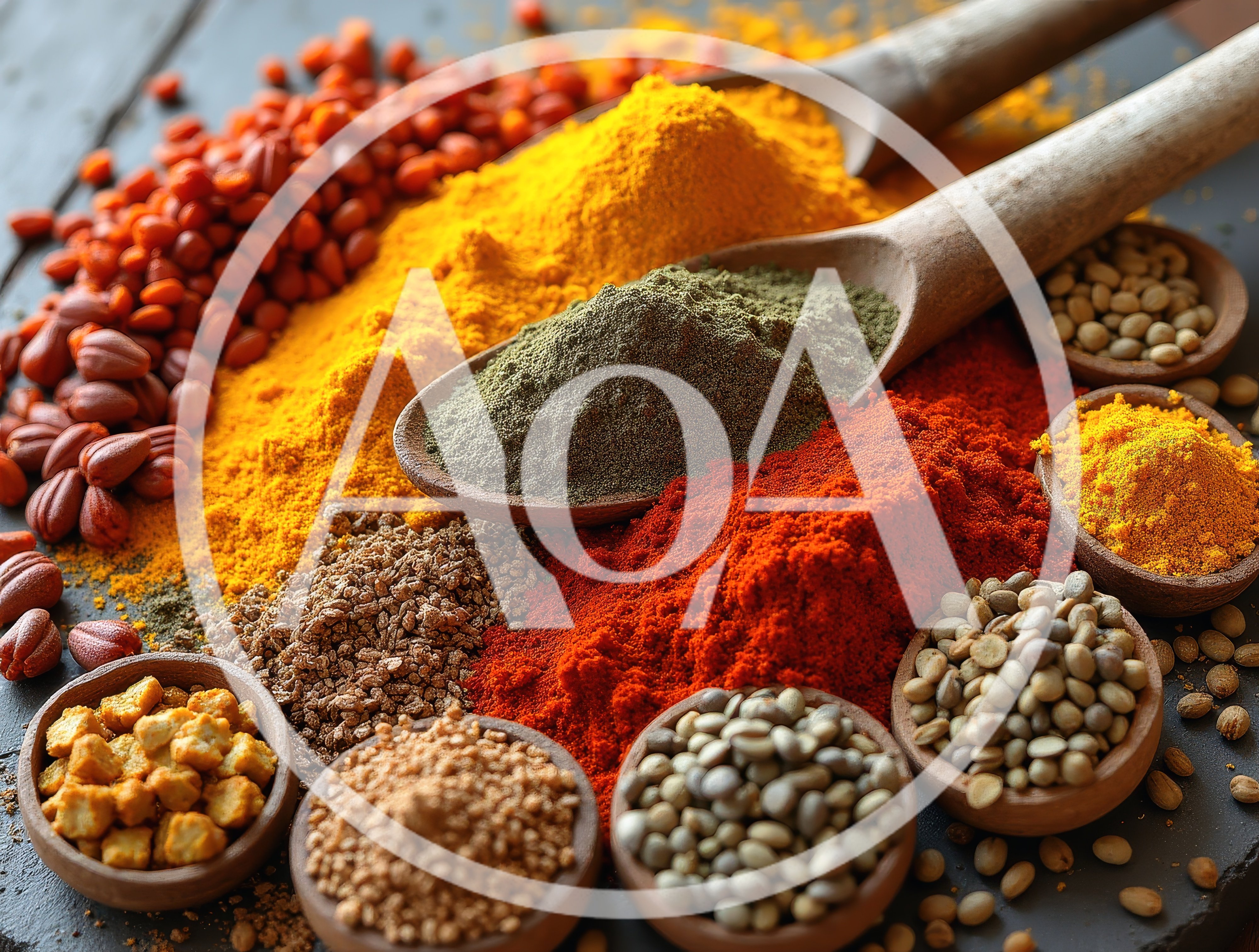 Assorted Spices and Seeds in Wooden Bowls