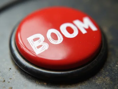 Red Push Button With Boom Text Label