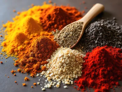 Assorted Colorful Spices Piled on Dark Surface