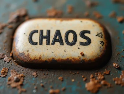 Macro Shot Of A Rusty Metal Button Labeled Chaos