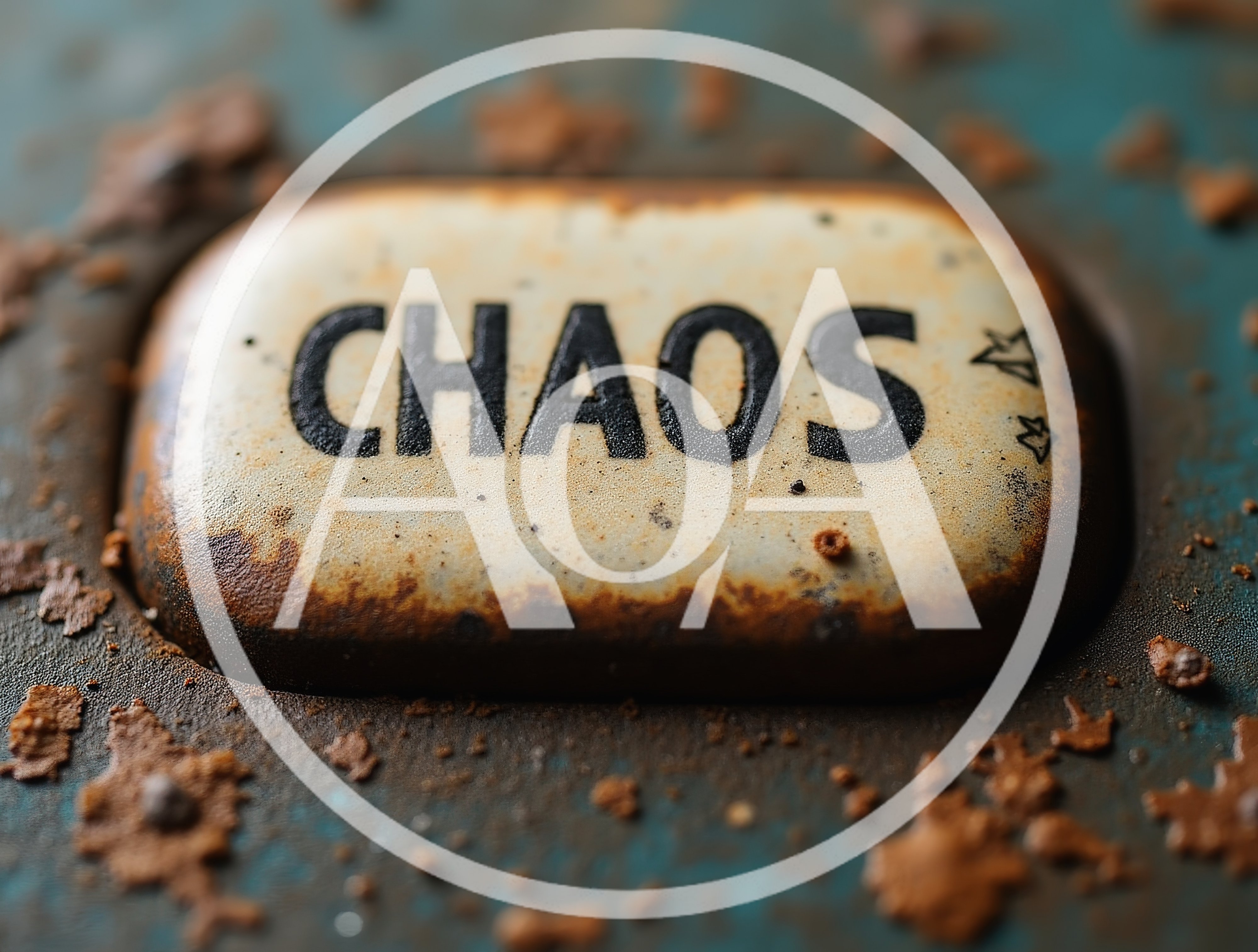 Macro Shot Of A Rusty Metal Button Labeled Chaos