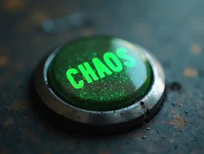 Green Glowing Chaos Button On A Metallic Surface