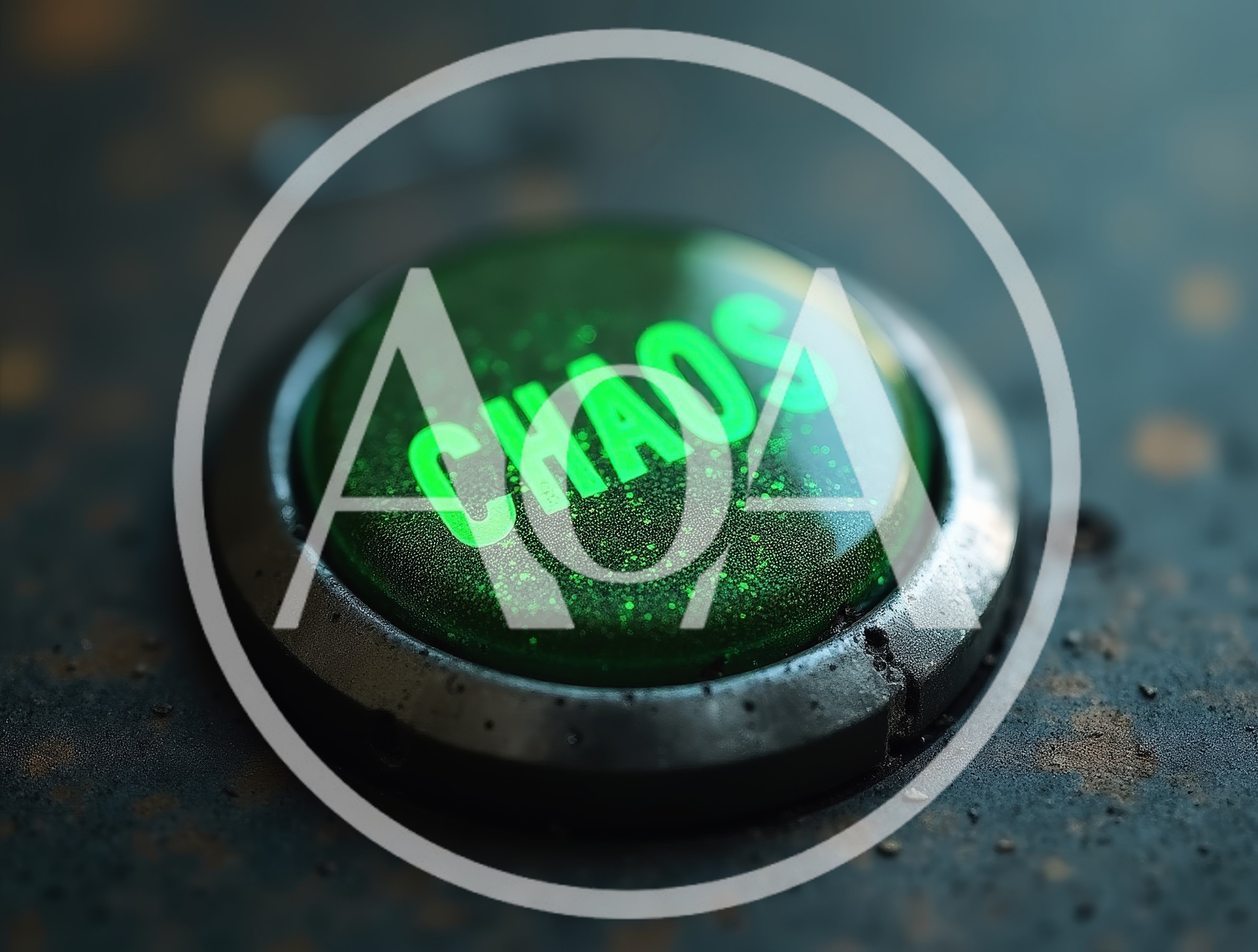 Green Glowing Chaos Button On A Metallic Surface