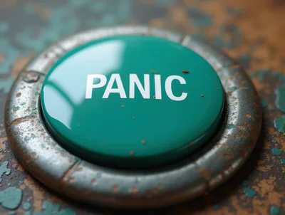 Green Panic Button on a Weathered Metal Surface