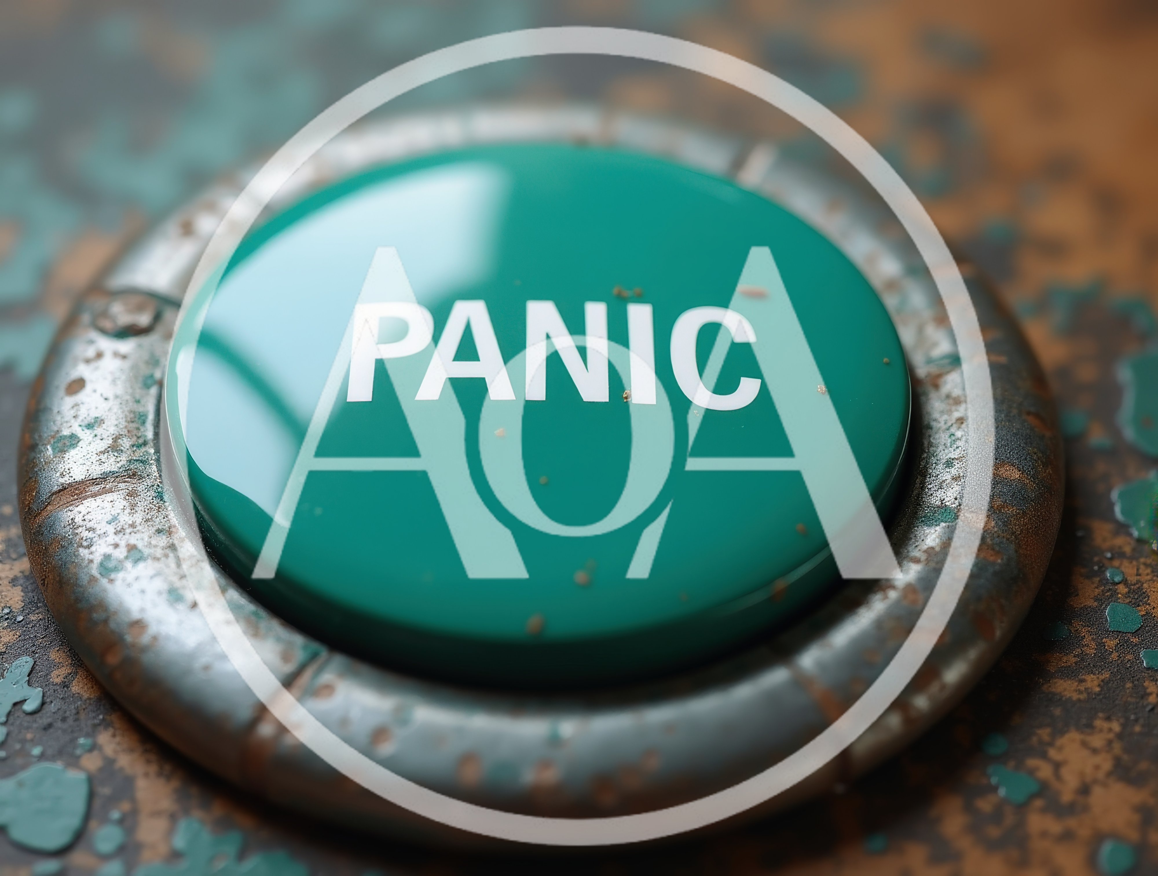 Green Panic Button on a Weathered Metal Surface