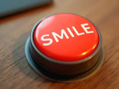 Red Push Button With Smile Text On Wooden Surface