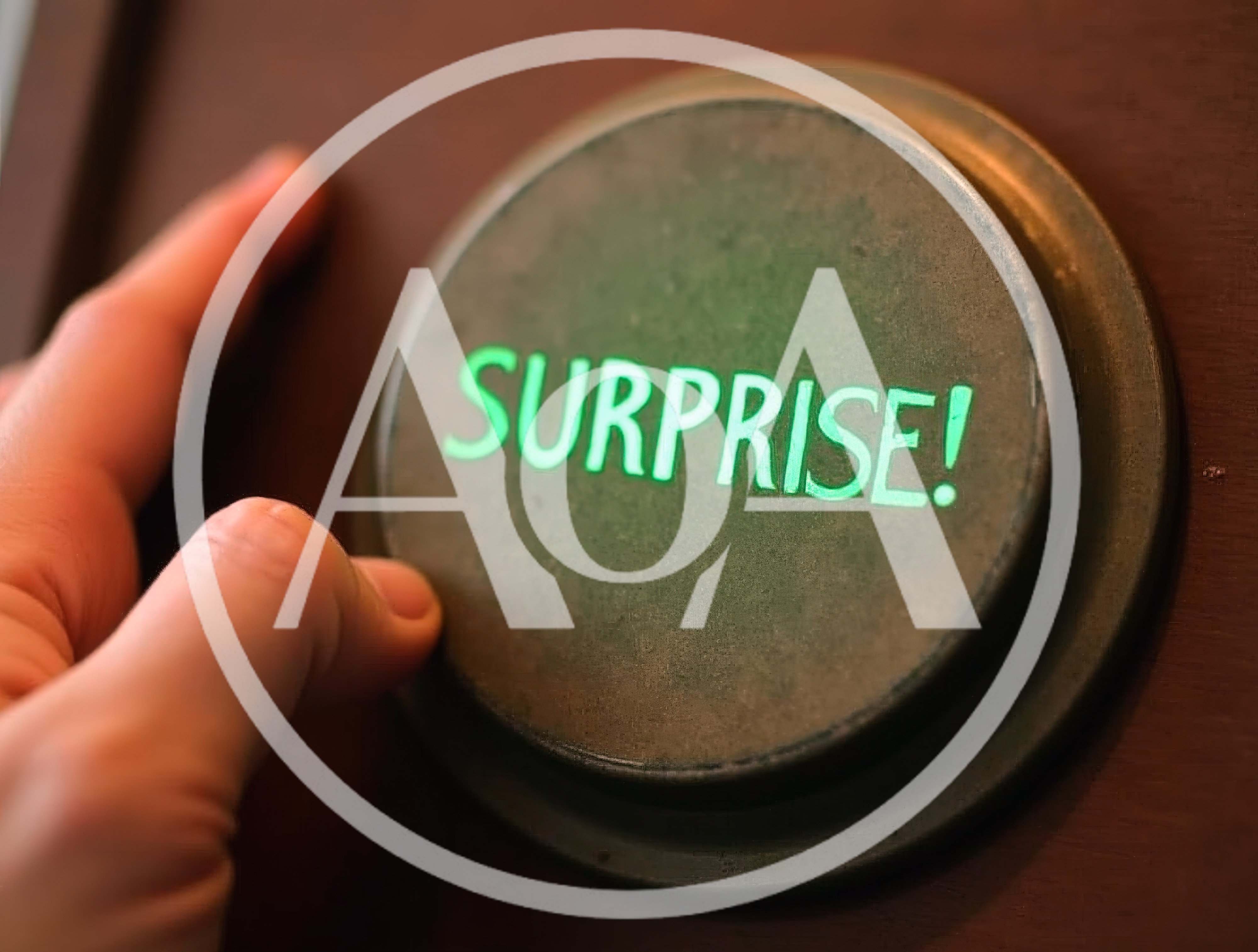 Hand Pressing A Glowing Green Surprise Button