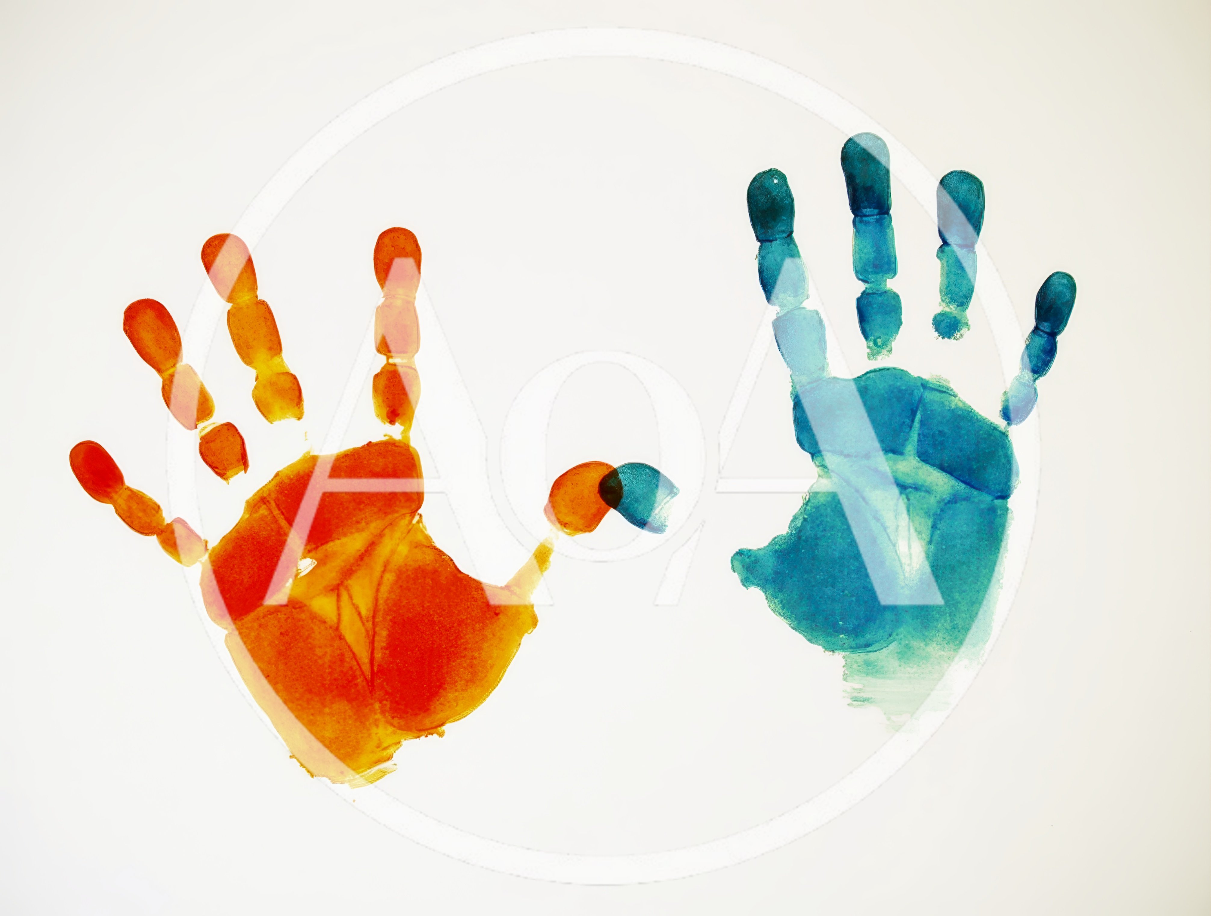 Orange And Blue Handprints On White Background
