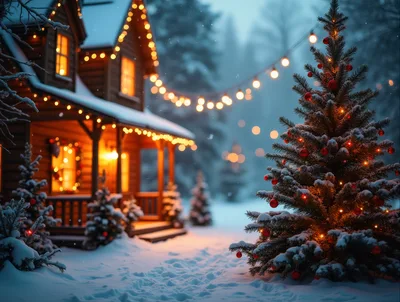 Cozy Log Cabin Decorated For Christmas In Snowy Forest