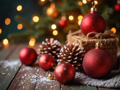 Christmas Ornaments and Pinecones on Rustic Wooden Table