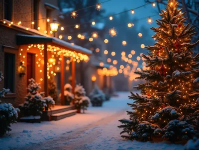 Festive Christmas Tree And Decorated House In Winter