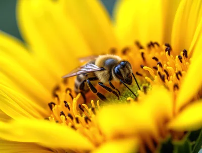 Honey Bee Foraging On A Bright Yellow Sunflower