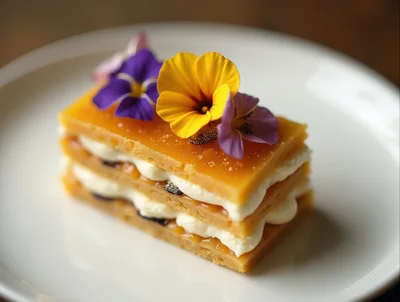 Gourmet Mille-Feuille Pastry Topped With Edible Flowers