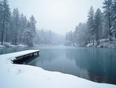 Snow Covered Wooden Pier On A Frozen Lake