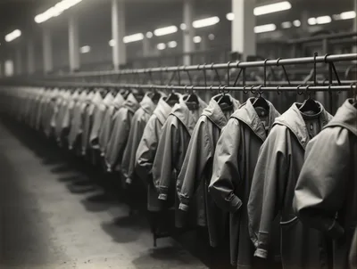Rows Of Uniform Jackets Hanging In Industrial Factory