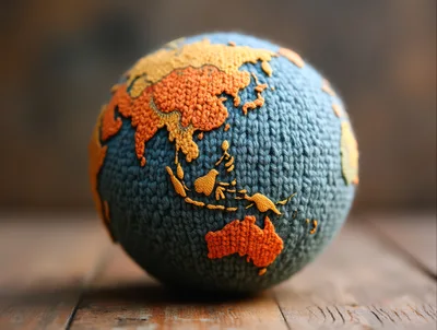 Knitted Globe With Orange Continents On Wooden Surface