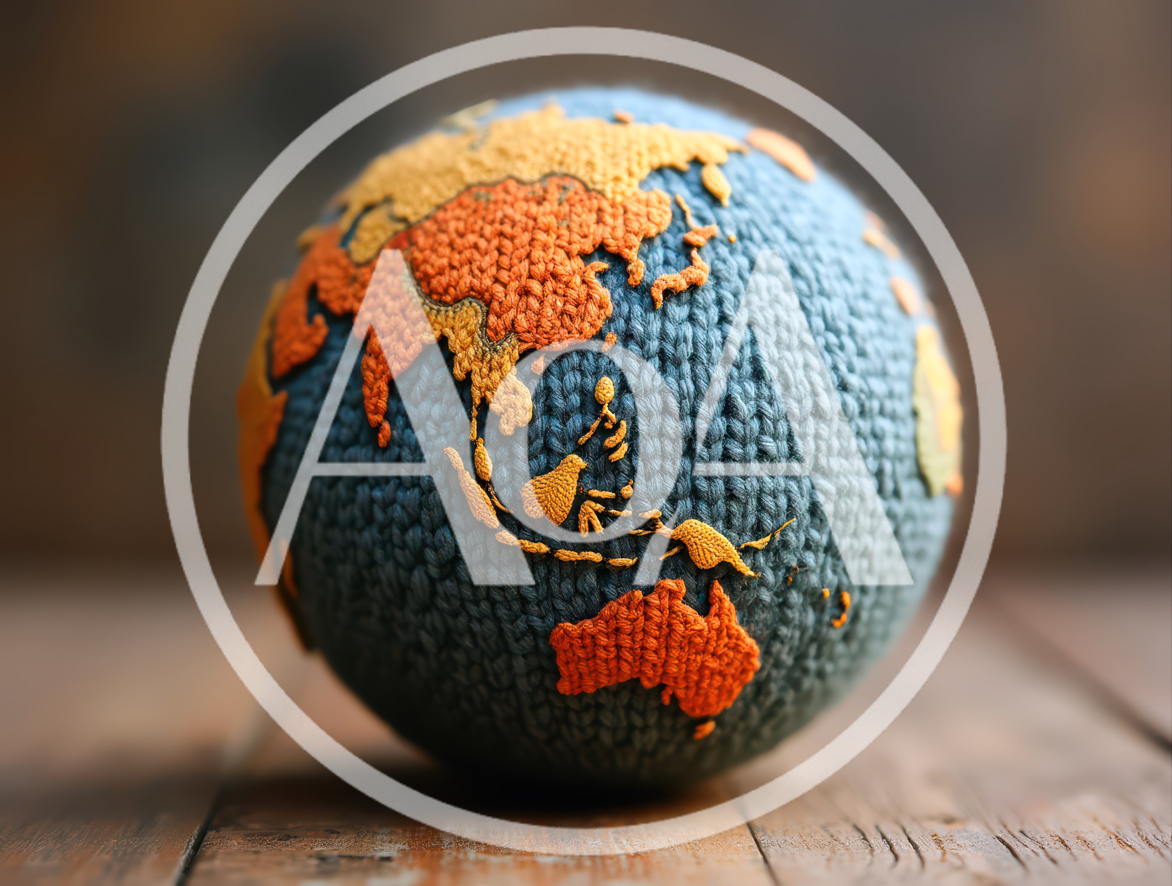 Knitted Globe With Orange Continents On Wooden Surface