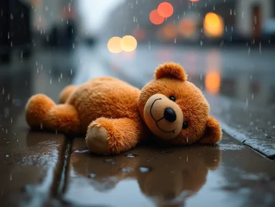 Lost Teddy Bear Lying on Wet City Sidewalk