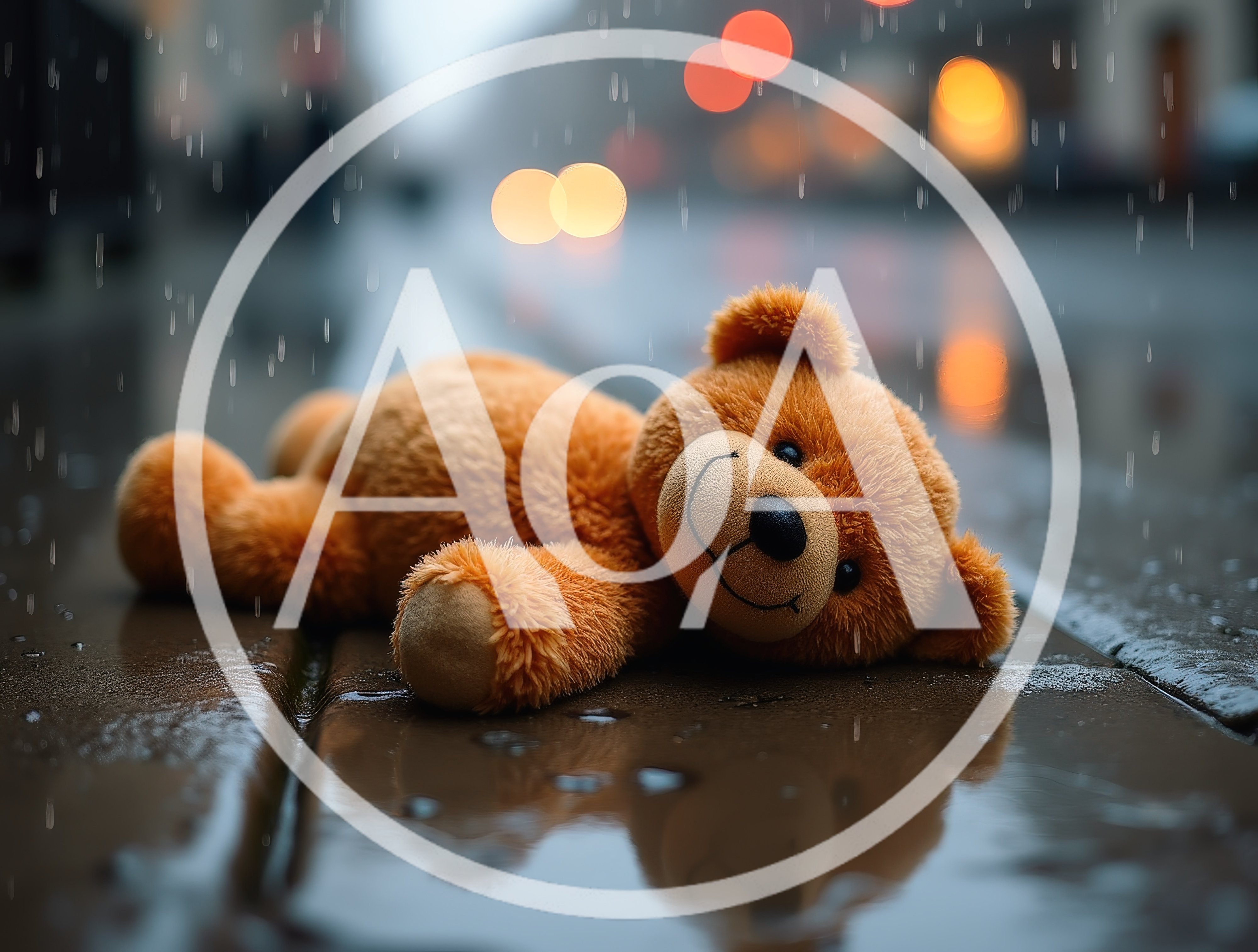 Lost Teddy Bear Lying on Wet City Sidewalk