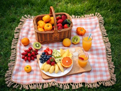 Picnic Setup With Fresh Fruit And Juice On A Blanket