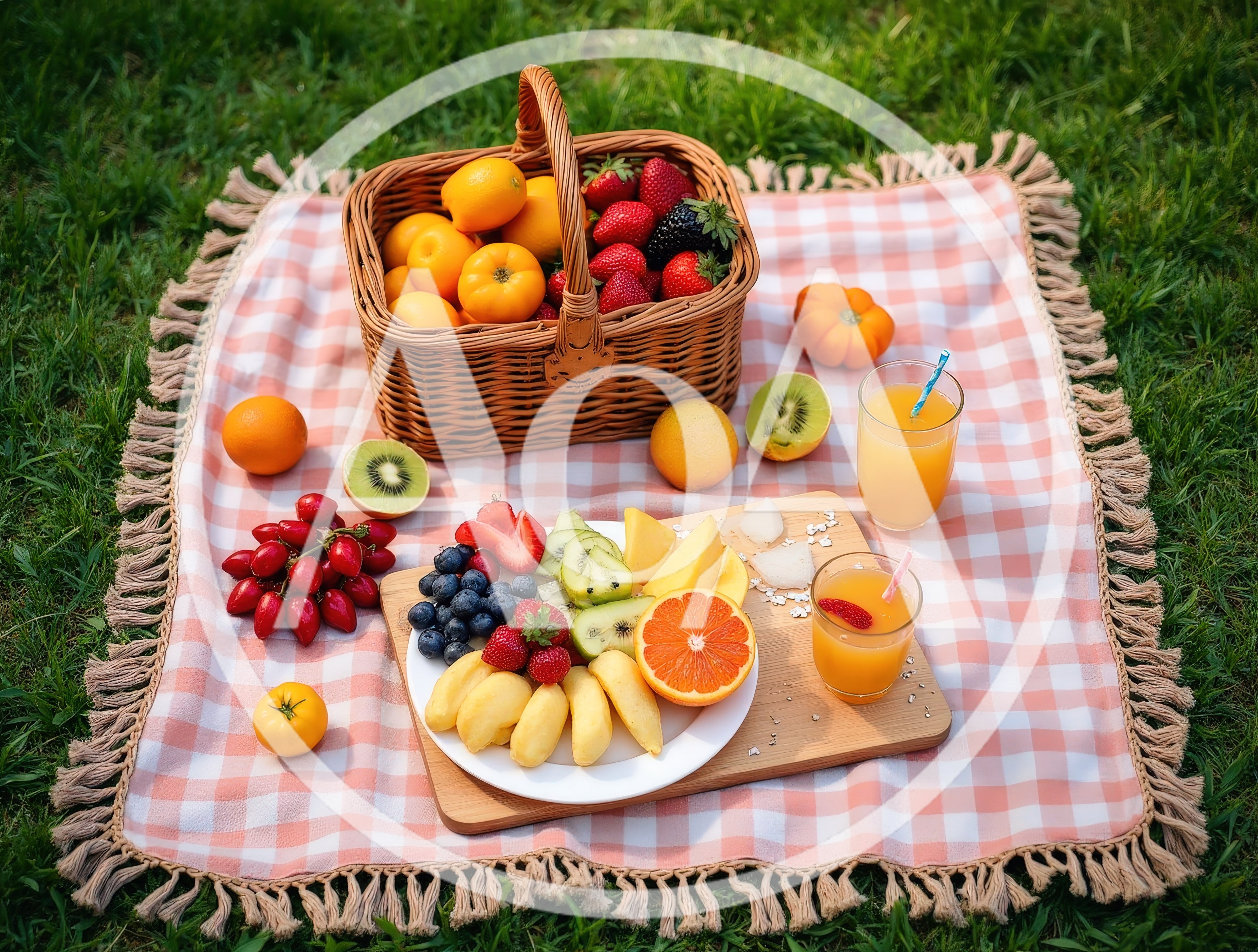 Picnic Setup With Fresh Fruit And Juice On A Blanket