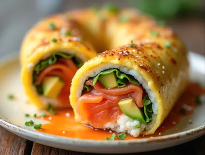 Sushi Roll Wrapped In Thin Egg Omelet