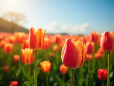 Vibrant Red and Yellow Tulips in Sunny Field