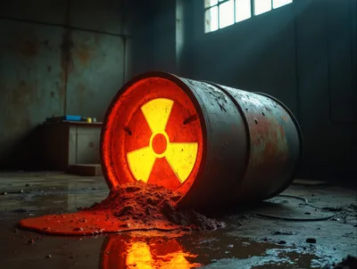 Leaking Radioactive Waste Barrel In Abandoned Industrial Facility