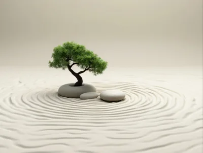 Bonsai Tree In Zen Garden With Raked Sand