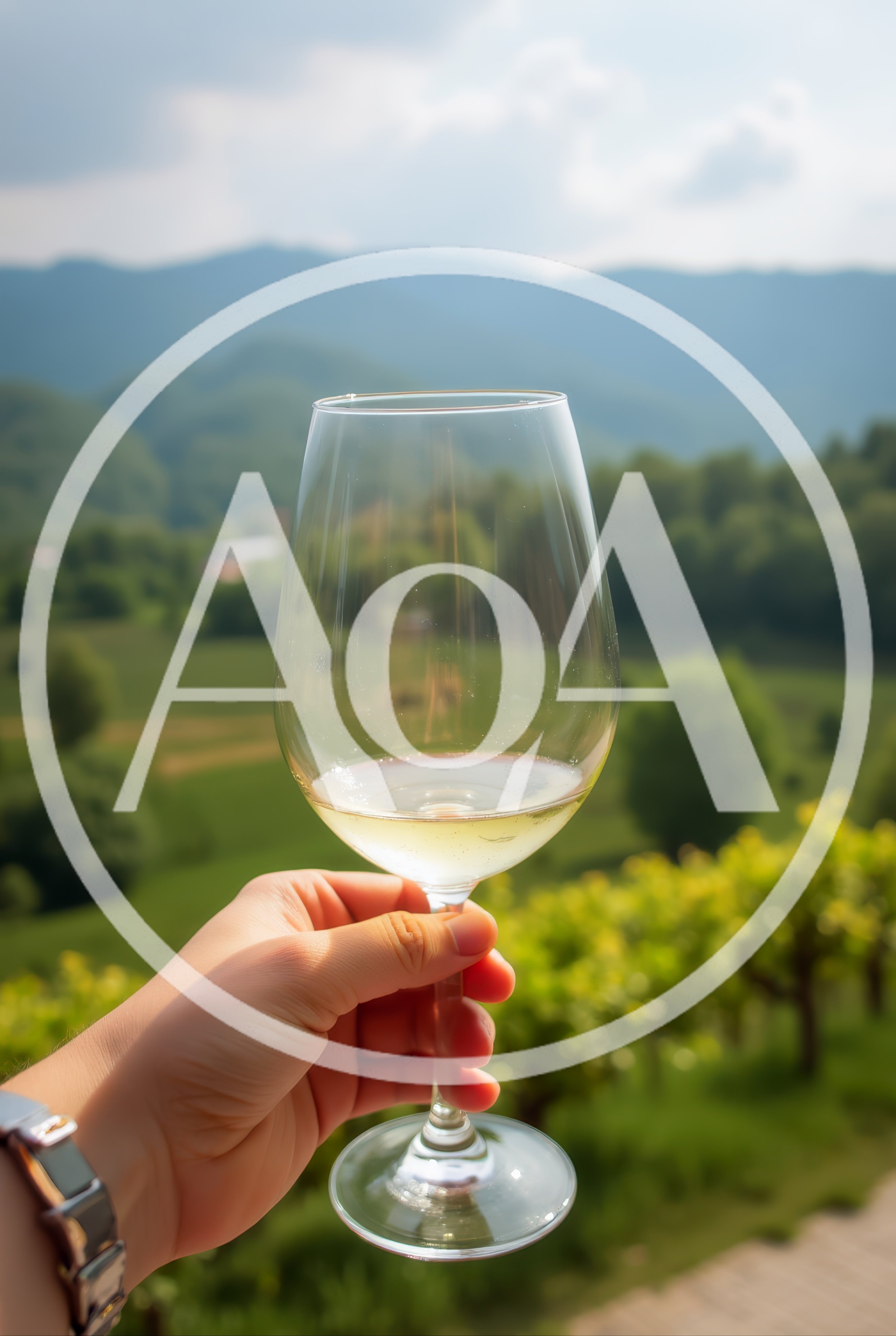 Hand Holding A Glass Of White Wine In A Vineyard