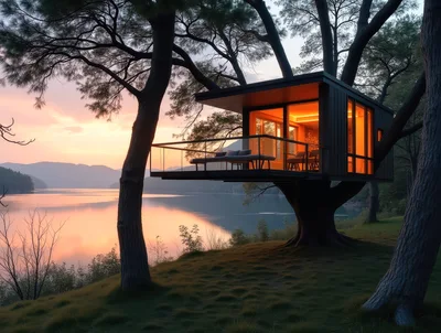 Modern Treehouse Cabin Overlooking A Serene Lake At Sunset