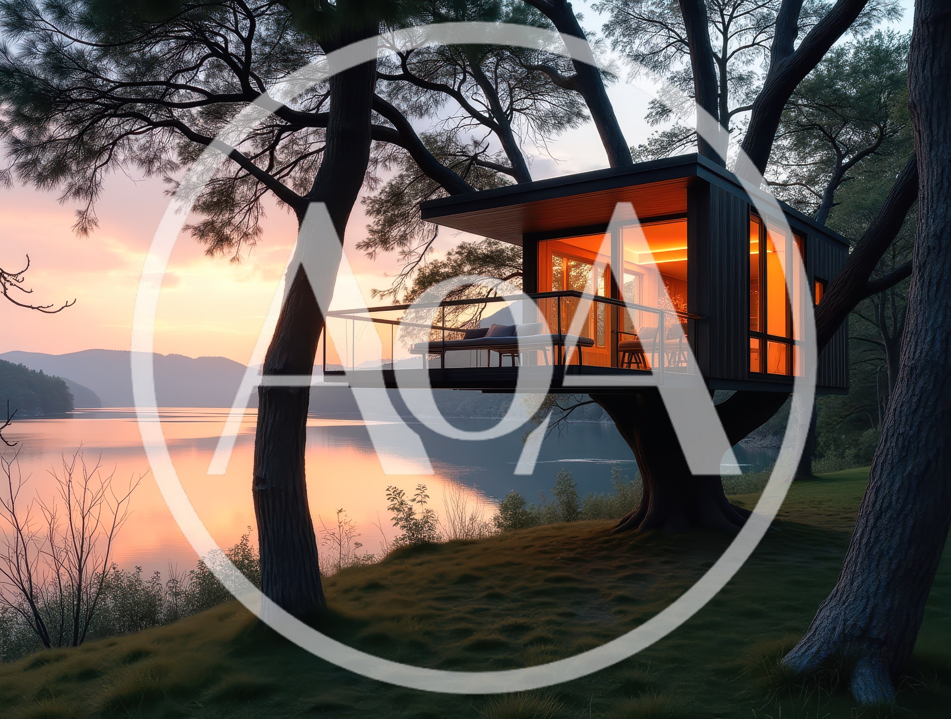 Modern Treehouse Cabin Overlooking A Serene Lake At Sunset