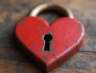 Red Heart Shaped Padlock on Wooden Surface