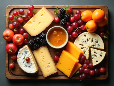 Gourmet Cheese Board With Fruits And Honey