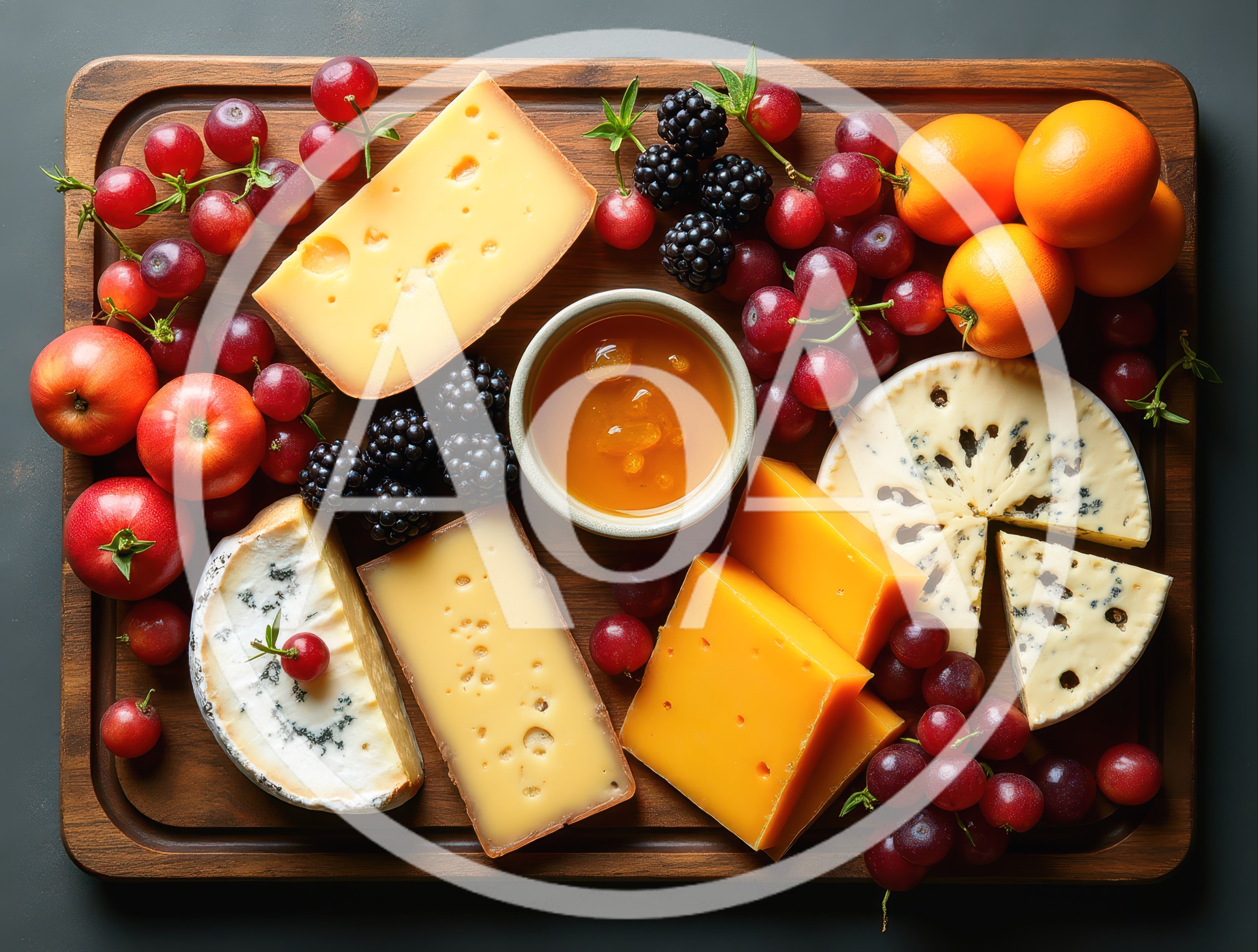 Gourmet Cheese Board With Fruits And Honey