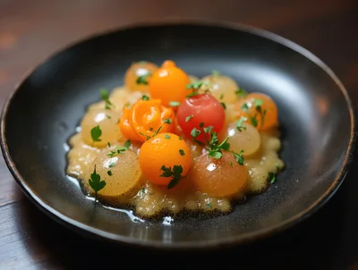Gourmet Molecular Gastronomy Dish With Spherical Fruit Elements
