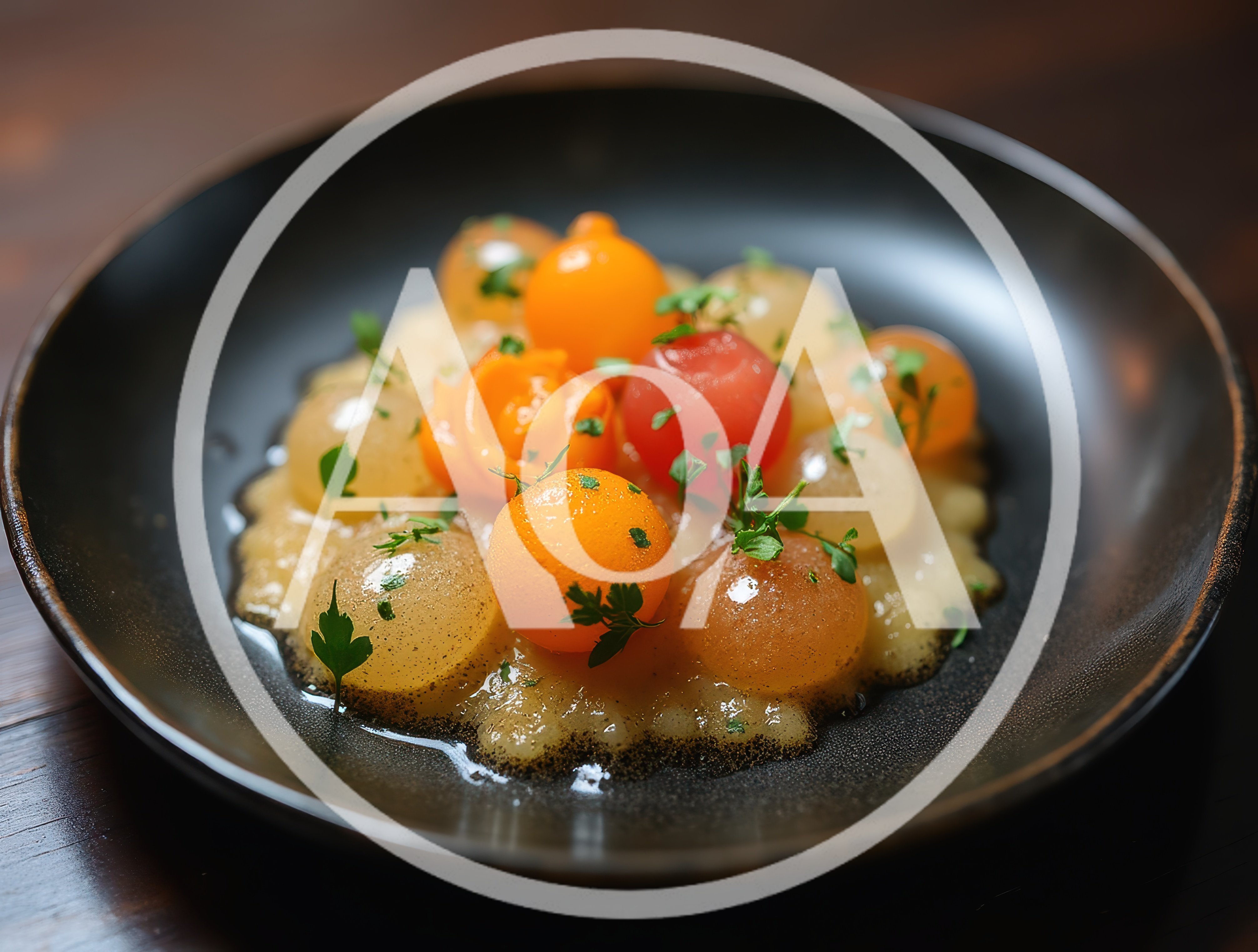 Gourmet Molecular Gastronomy Dish With Spherical Fruit Elements