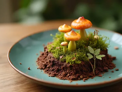 Edible Mushroom Forest Dessert Plated On Teal Plate