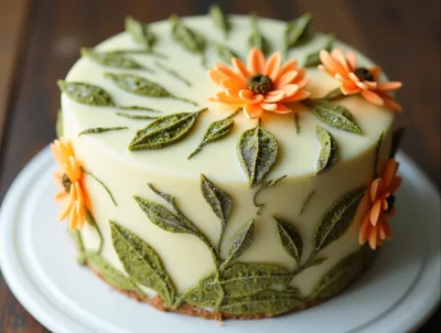 Elegant Round Cake Decorated With Orange Flowers And Leaves