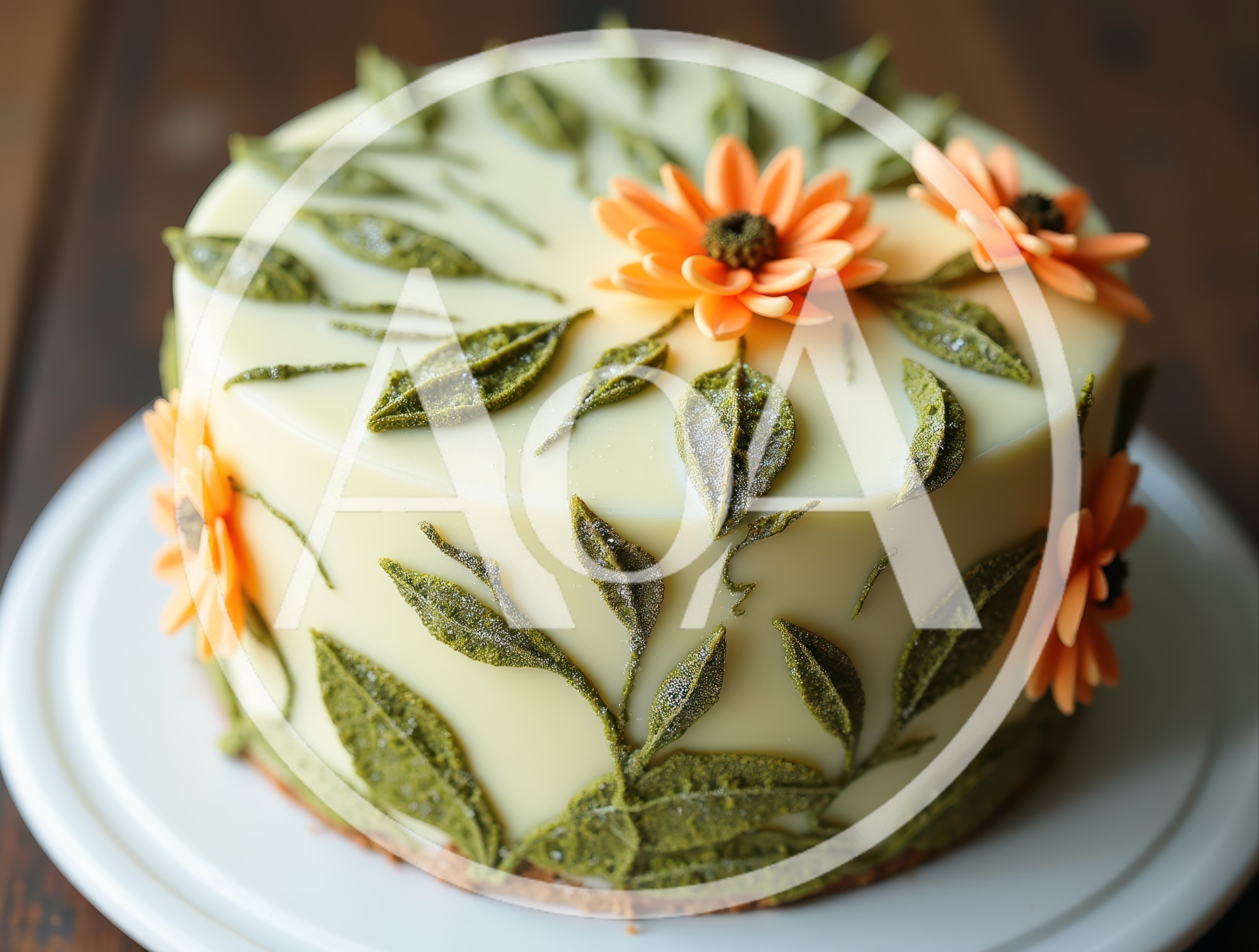 Elegant Round Cake Decorated With Orange Flowers And Leaves