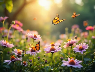 Monarch Butterflies Flying Over Pink Daisy Flowers