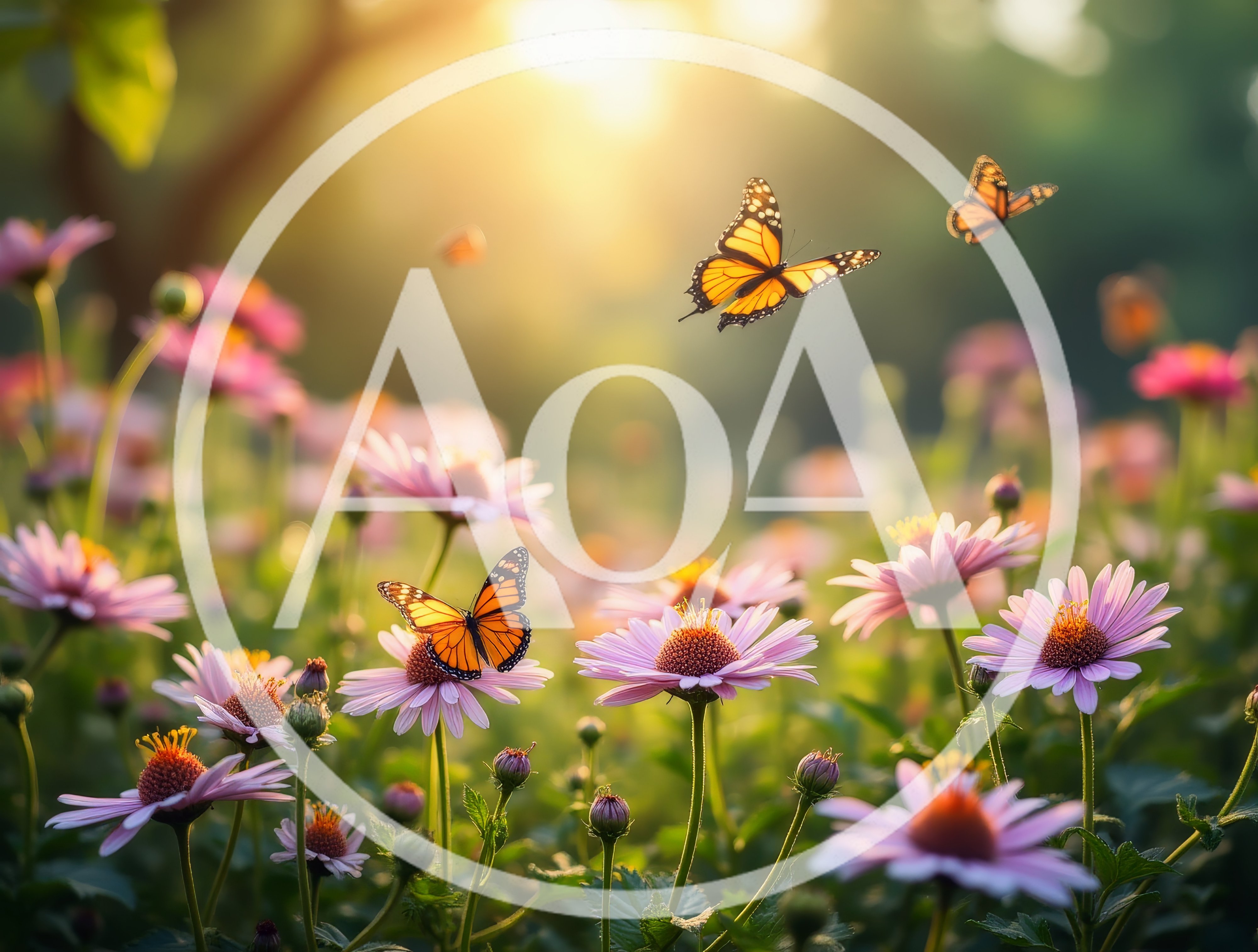 Monarch Butterflies Flying Over Pink Daisy Flowers