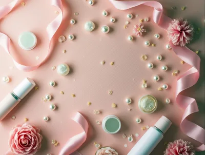 Flat Lay Beauty Products With Pearls And Pink Ribbons