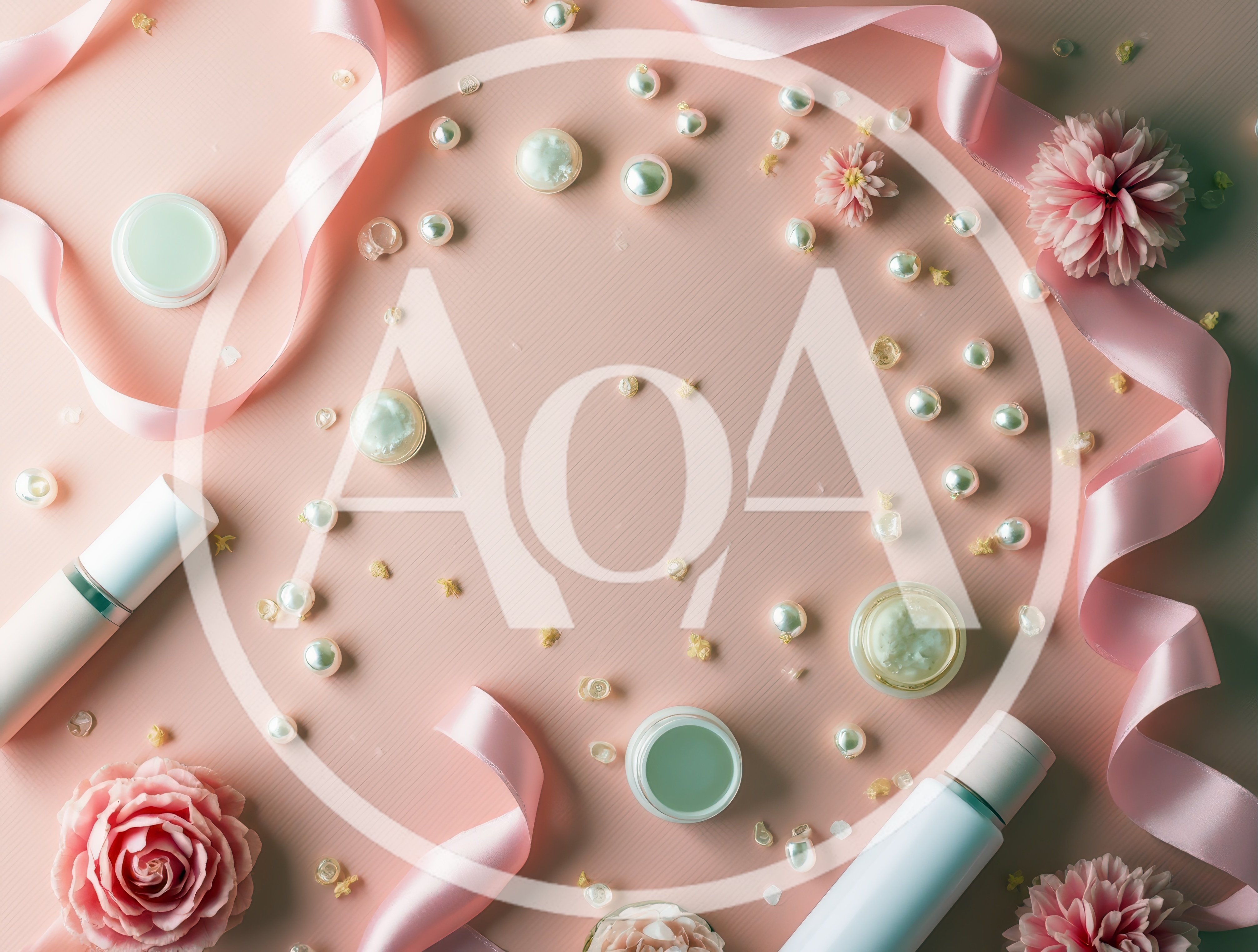 Flat Lay Beauty Products With Pearls And Pink Ribbons