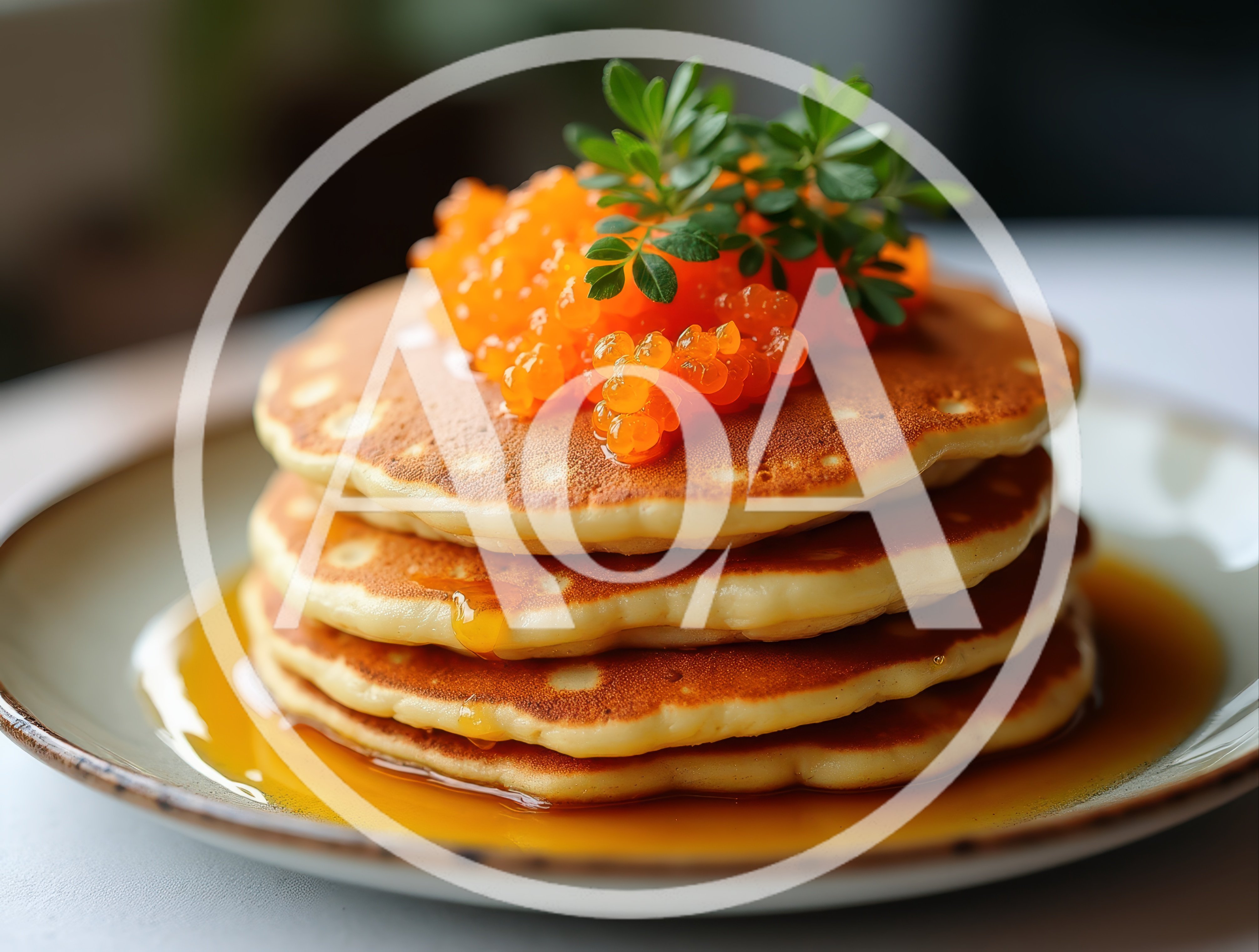 Stack Of Pancakes Topped With Salmon Roe And Herbs