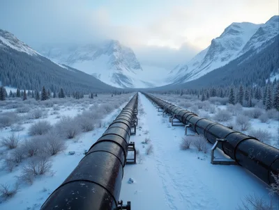 Industrial Pipeline Running Through Snowy Mountain Valley