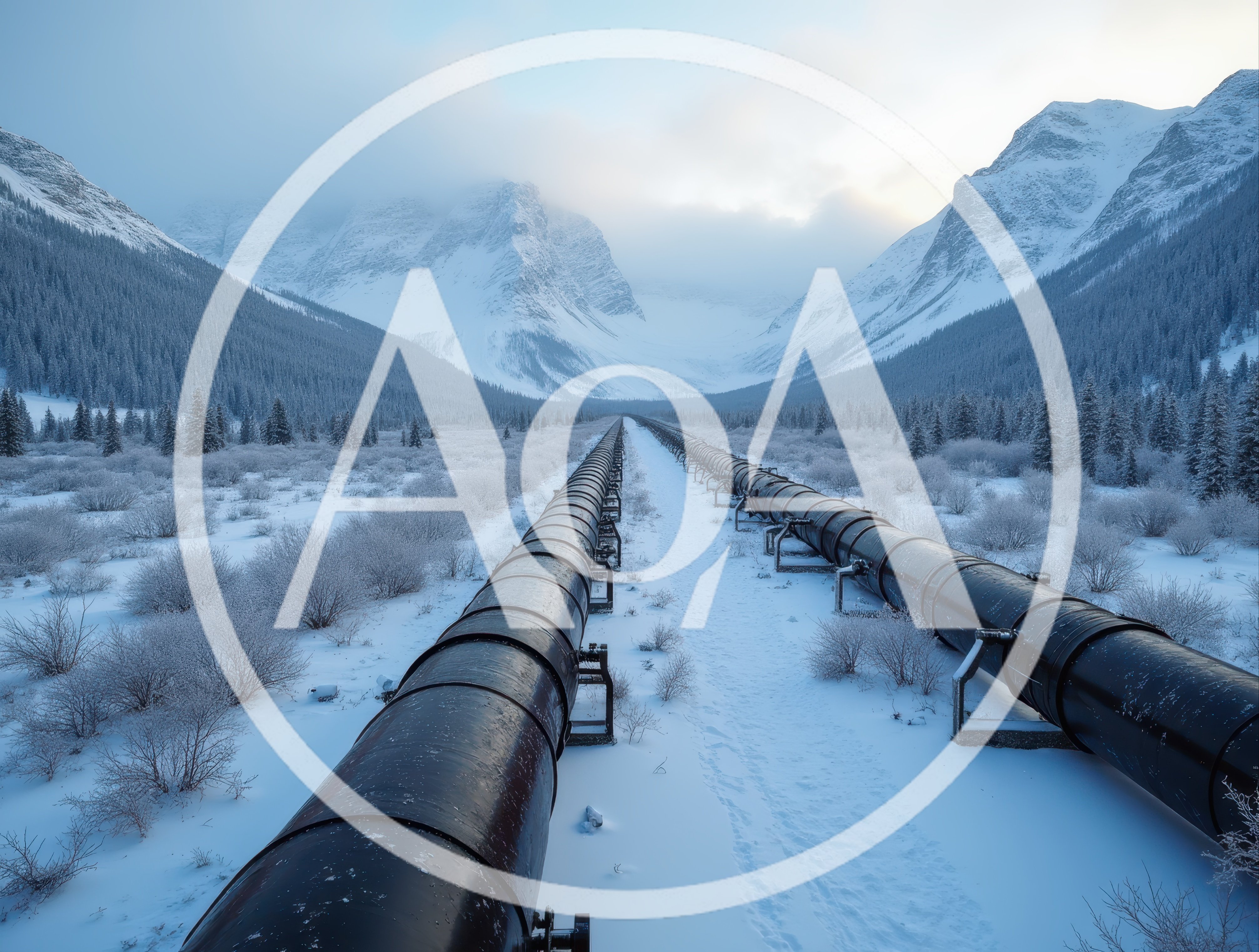 Industrial Pipeline Running Through Snowy Mountain Valley